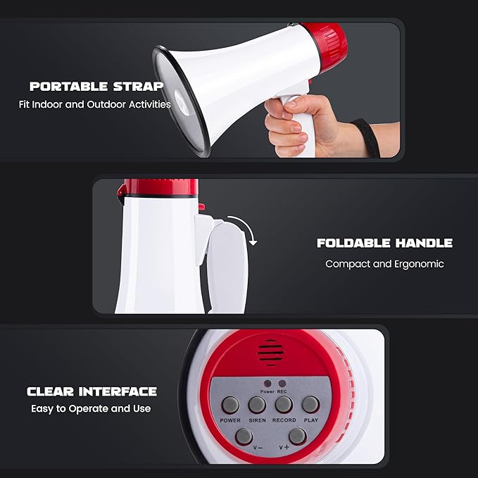 MyMealivos Portable Megaphone Bullhorn 20 Watt Power Megaphone Speaker Voice and Siren/Alarm Modes with Volume Control and Strap (White&Red)