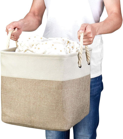 i BKGOO 3Pack Large Foldable Storage Bins，Collapsible Sturdy Cationic Fabric Organizing Storage Basket Cube with Cotton Handles for Home Office Shelf Clothes Toys White-Khaki 13×13×13 inch