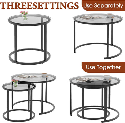 aboxoo Nesting Coffee Table Grey Glass Table Set of 2, Small Round Glass Nesting Tables for Living Room Bedroom, Accent Tea Table with Metal Frame Modern Industrial Simple