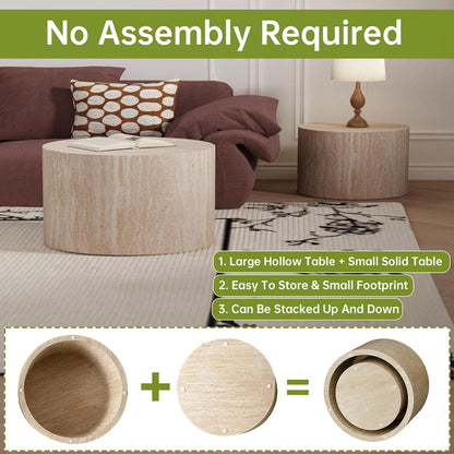 Round Nesting Coffee Table Modern Travertine Coffee Table Set of 2 for Living Room Circle Drum Coffee Tables Round Nesting Tables for Small Spaces (Travertine 26in)