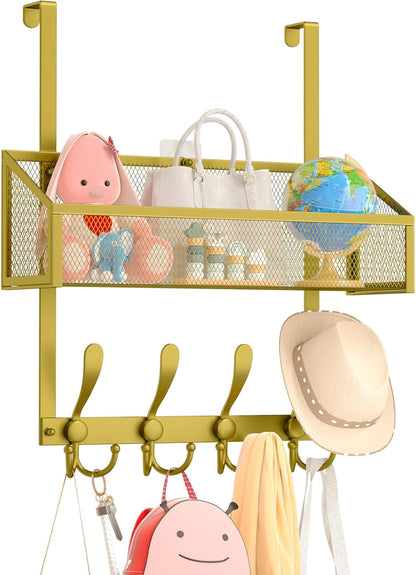 Over The Door Hooks Organizer, Coat Rack Over The Door Storage Hanger Towel Rack, Back of Storage Organizer for Bathroom,Bedroom,Kitchen,Office(Gold 2-Tier)