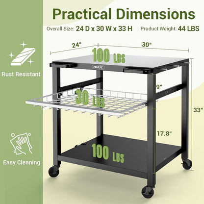 NUUK Outdoor Grill Cart 30"x 24" Pizza Oven Table 3-Shelf with Drawer BBQ Grilling Carts Outside Serving Prep Tables Stand