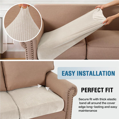 H.VERSAILTEX Velvet Stretch Couch Cushion Cover Plush Cushion Slipcover for Chair Loveseat Sofa Cushion Furniture Protector Seat Cushion Sofa Cover (2 Piece Medium Sofa Cushion Covers, Ivory Striped)