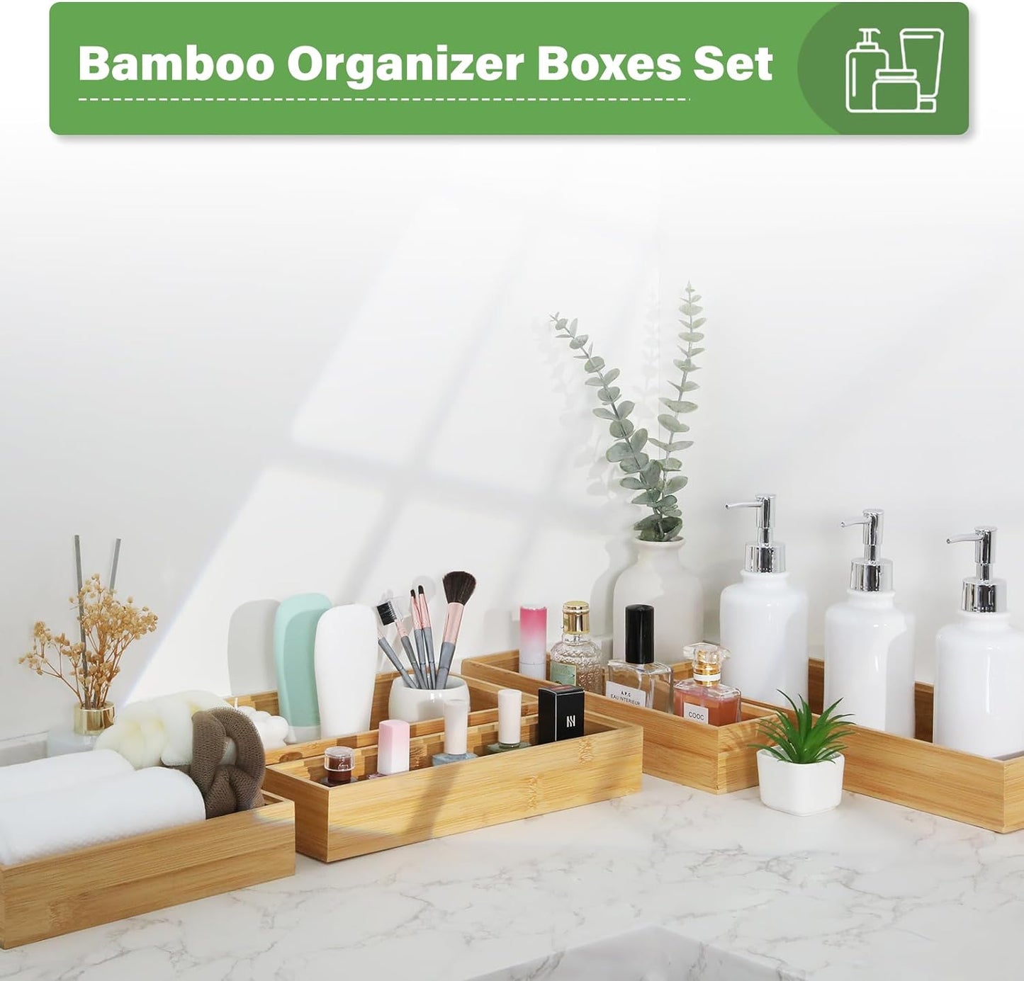 Bamboo Drawer Organizer, 2PCS Stackable Storage Boxes for Utensil Organizer, Wood Tray for kitchen, Bathroom and Bedroom 12" x 3" x 2"