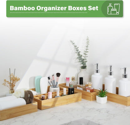 Bamboo Drawer Organizer, 2PCS Stackable Storage Boxes for Utensil Organizer, Wood Tray for kitchen, Bathroom and Bedroom 12" x 3" x 2"