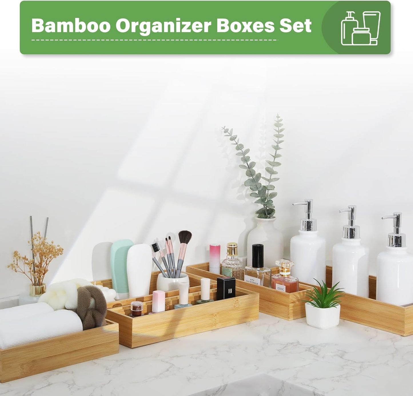 Bamboo Drawer Organizer, 2PCS Stackable Storage Boxes for Utensil Organizer, Wood Tray for kitchen, Bathroom and Bedroom 9" x 6" x 2"