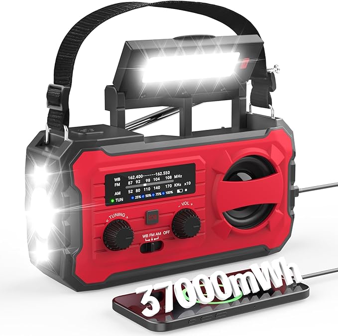 10000mAh Emergency Radio, NOAA Weather Radio with AM/FM, 37000mWh Rechargeable Phone Power, USB/Solar/Hand Crank Charging, LED Flashlight, SOS Alarm, Reading Lamp for Indoor/Outdoor Emergencies