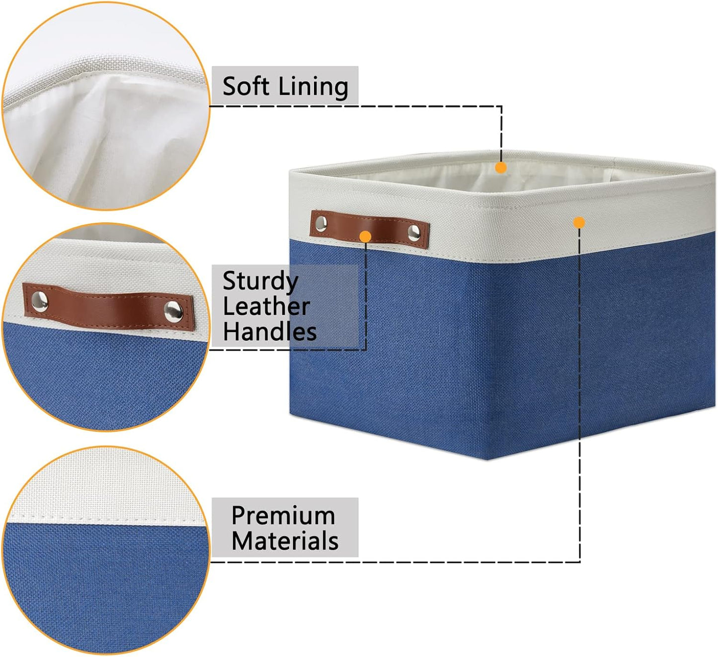 DULLEMELO Fabric Storage Basket for Closets,15x11x9.5 inch Foldable Storage Basket Bin with Handles for Office, Closet,Bedroom (White&Blue,1 Pack)