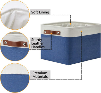 DULLEMELO Fabric Storage Basket for Closets,15x11x9.5 inch Foldable Storage Basket Bin with Handles for Office, Closet,Bedroom (White&Blue,1 Pack)