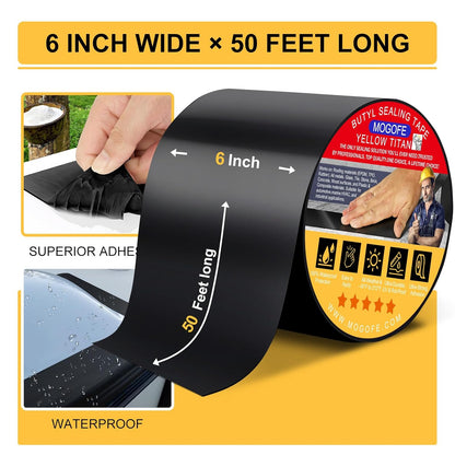 RV Roof Sealant Tape Black, 6 Inch x 50 Feet RV Repair Roof Sealer Seal Tape UV-Resistant Waterproof Sealant Tape for RV Repair, Camper, Trailer, Boat Sealing, Leaking Roof, Window