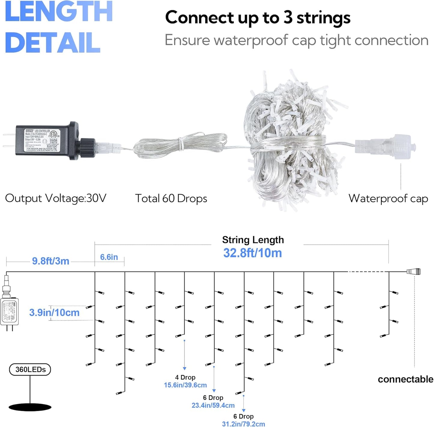 Hopolon 33FT 360L LED Christmas Icicle Lights Outdoor Waterproof,8 Modes Plug in Curtain String LIghts With 60 Drops,Christmas Lights for Wedding,Party,Bedroom,Home,Garden,Wall Decorations(Blue White)