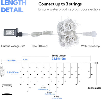 Hopolon 33FT 360L LED Christmas Icicle Lights Outdoor Waterproof,8 Modes Plug in Curtain String LIghts With 60 Drops,Christmas Lights for Wedding,Party,Bedroom,Home,Garden,Wall Decorations(Blue White)