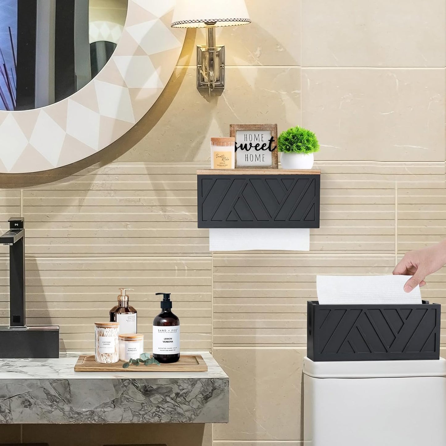 Set of 2 Paper Towel Dispenser Wall Mount, Paper Towel Holder Wall Mounted with Lid, Solid Wood Commercial C-Fold, Z-Fold, Trifold Hand Paper Towel Holder Hand Towel Holder for Bathroom Kitchen Decor