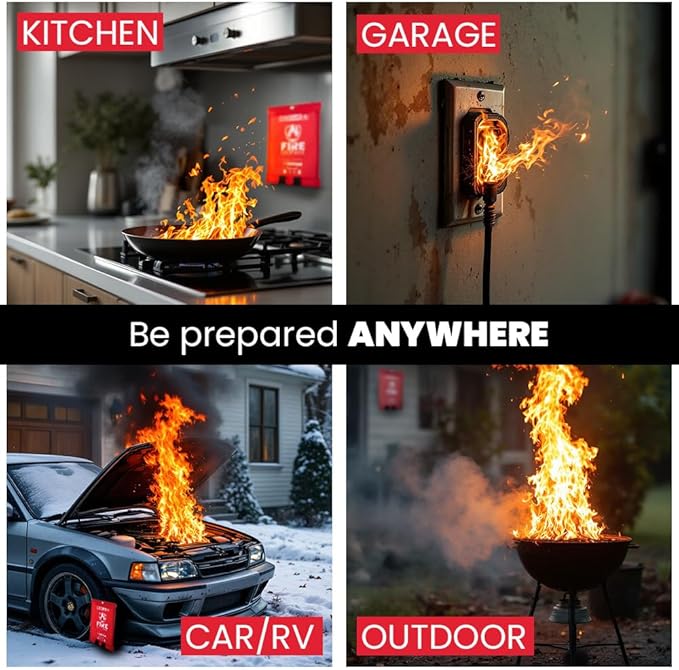 Rescue+ Emergency Fire Blanket for Home, Kitchen, Workplace & Travel, 40” x 40” Fiberglass Flame Retardant Safety Blanket, Fire Suppression for House, Camping, Car Emergencies - Pack of 4