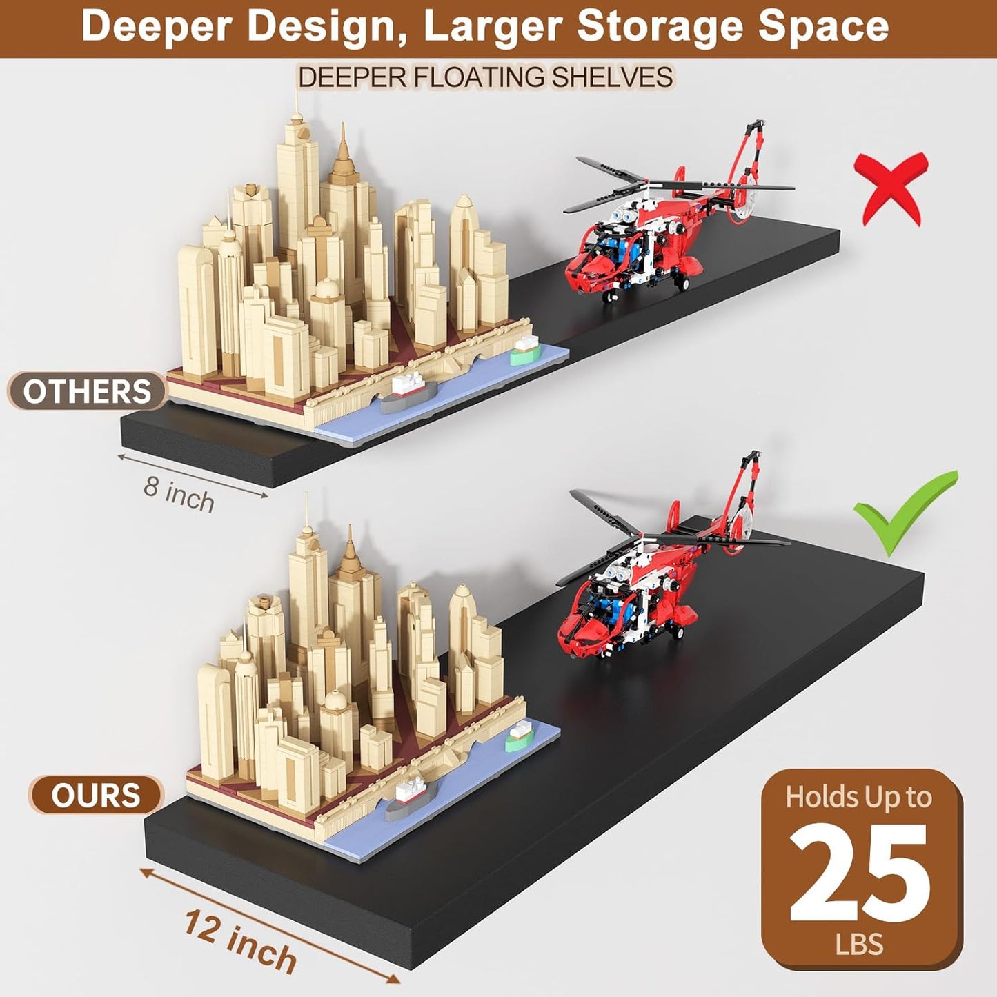 12 Inch Deep Floating Shelves for Wall 1 Pack Floating Shelves Large Storage Space Wall Mount Shelf for Living Room Kitchen Bathroom 36" W x 12" D x 1.2" H Black