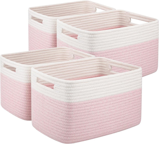OIAHOMY 4 Pack Storage Baskets for Organizing, Basket for Shelves with Handle, Woven Baskets for Storage Toys, Towels, Books, Cotton Rope Basket 13" L x 9 " W x 7.8 " H, Pink & White