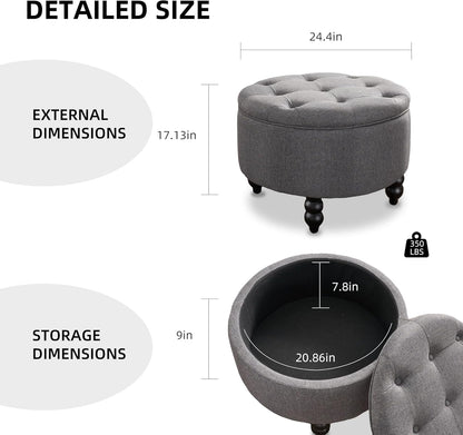 Fabric Round Ottoman with Storage, Upholstered Tufted Storage Footstool, Modern Wooden Coffee Table for Living Room, Bedroom, Dark Grey