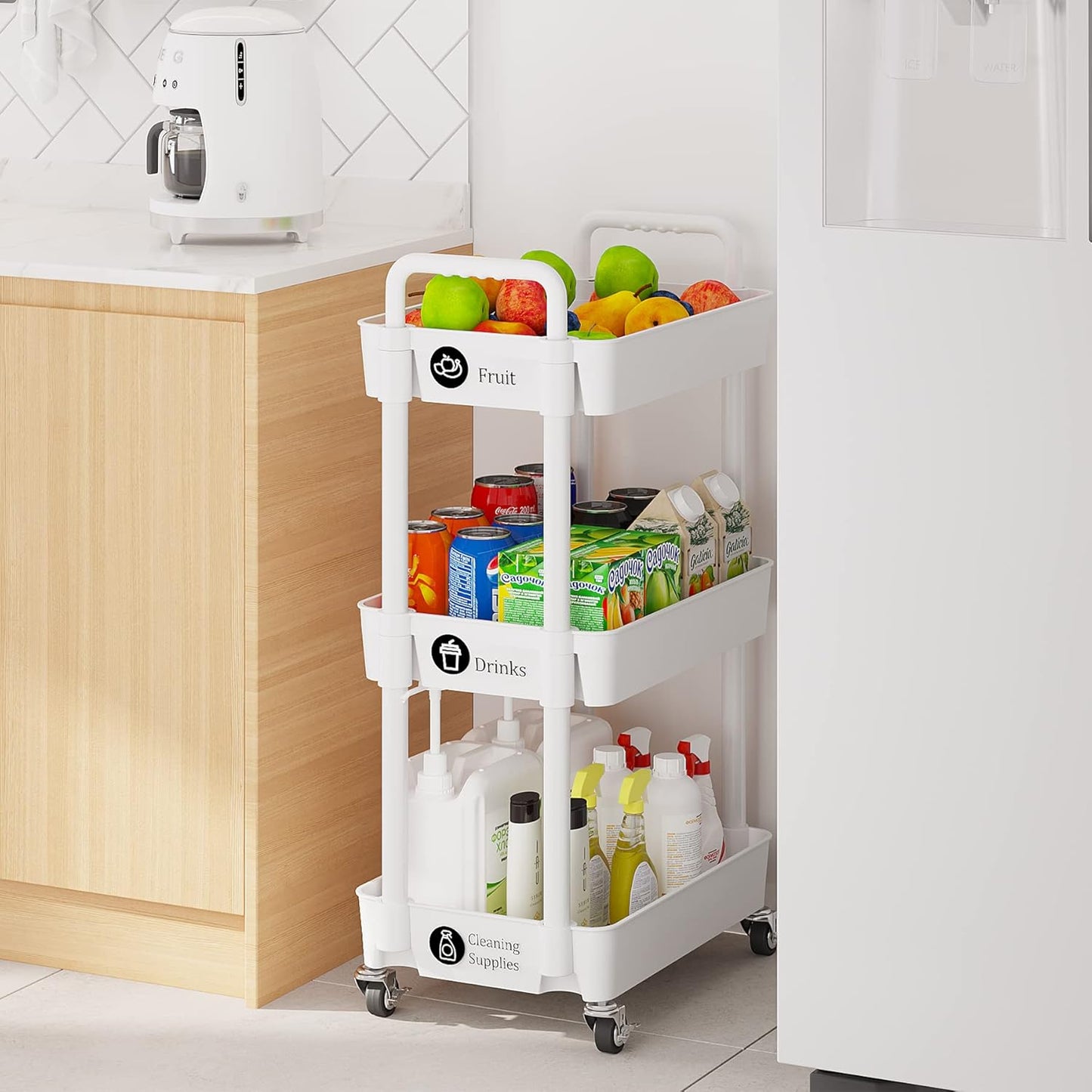 Laiensia 3-Tier Rolling Cart with Wheels,Multifunction Utility Storage carts, Kitchen Storage Organizer,Mobile Shelving Unit for Bathroom,Laundry,with Classified Stickers,White