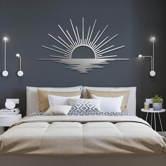 Sunrise Metal Wall Art, Metal Sun Wall Decor, Sun Outdoor Wall Art, Abstract Sunrise Wall Decor, Boho Home Hanging, Living Room Wall Hanging (Silver, 48"x29"/121x72cm)