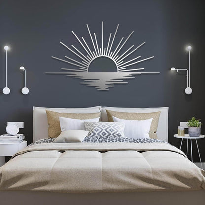 Sunrise Metal Wall Art, Metal Sun Wall Decor, Sun Outdoor Wall Art, Abstract Sunrise Wall Decor, Boho Home Hanging, Living Room Wall Hanging (Silver, 41"x25"/105x63cm)