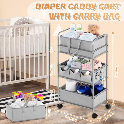 Honeydak 2in1 Baby Diaper Caddy Organizer Cart 3 Tier Large Capacity Metal Utility Bedside Rolling Cart with Divider for Newborn Nursery Essential Must Have for Crib Bedroom Baby Shower(Gray)