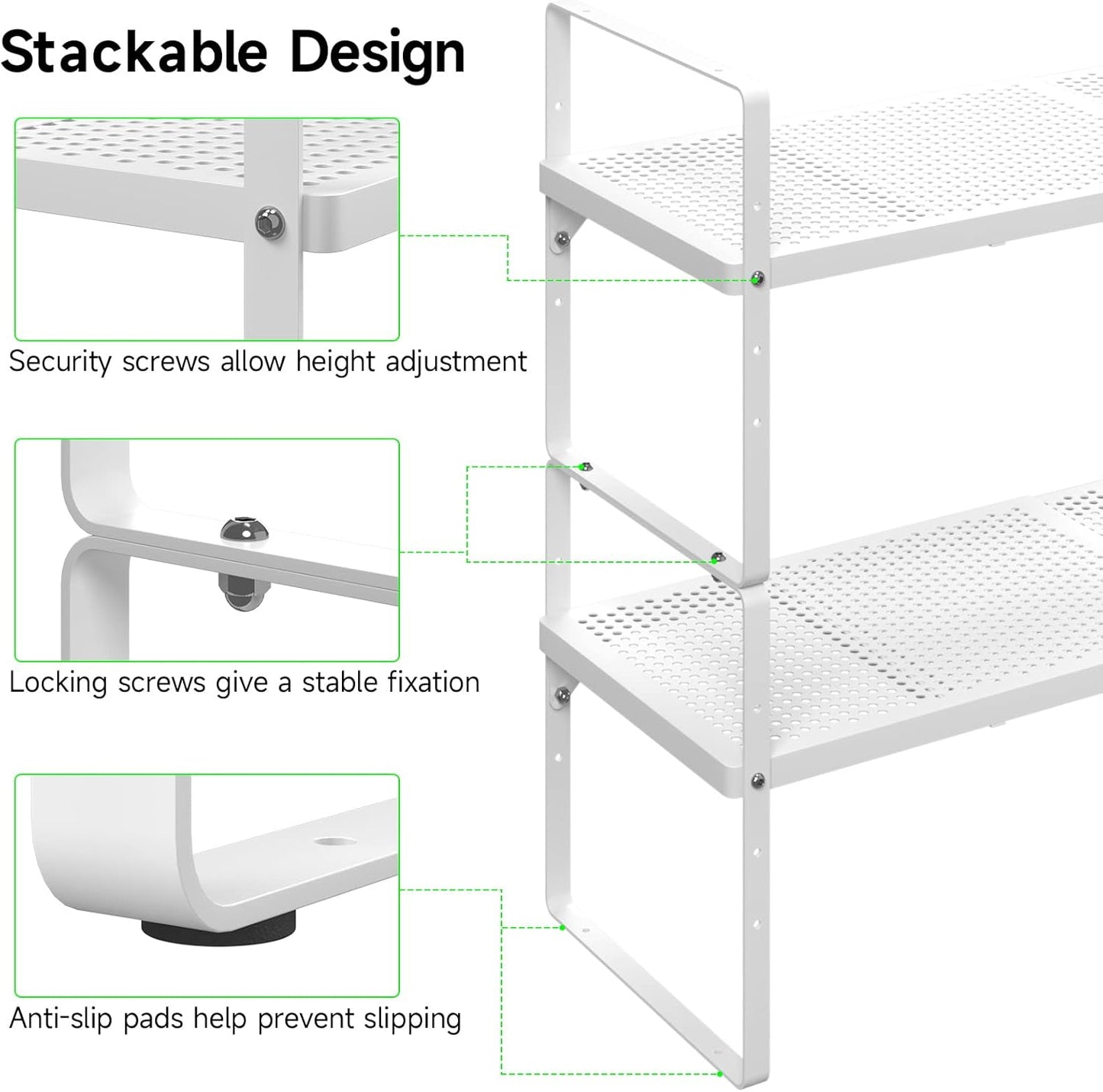 Expandable Cabinet Storage Shelf Stackable Organizer Rack for Kitchen Bathroom Pantry Spice Cupboard Coffee Countertop Home Office Desk Heavy Duty Nonslip White Small 2 Packs