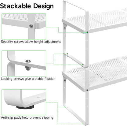Expandable Cabinet Storage Shelf Stackable Organizer Rack for Kitchen Bathroom Pantry Spice Cupboard Coffee Countertop Home Office Desk Heavy Duty Nonslip White Large 2 Packs