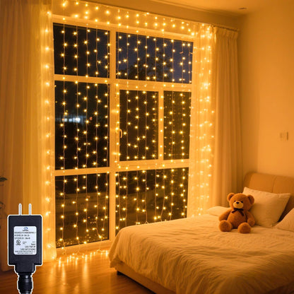 200 LED Curtain String Lights 9.8 * 6.6FT Plug in Fairy with Timer and 8 Modes, Waterproof Window Wall for Bedroom Wedding Party Indoor Outdoor Christmas Decor