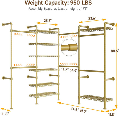 ONBRILL L4 Wall Mounted Industrial Pipe Clothing Rack, Closet Organizer System with 6 Hanging Clothes Rods ( 4 Expandable Rods) & 8 Shelves, Heavy Duty Corner Garment Rack, Large Wardrobe - Gold