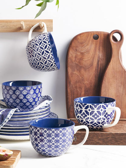 DOWAN Coffee Mugs Set of 4, 24 oz Large Coffee Mugs, Jumbo Soup Mugs With Handles, Ceramic Coffee Cups for Coffee Cereal Latte for Men Women, Housewarming Wedding Gift, Vintage Blue