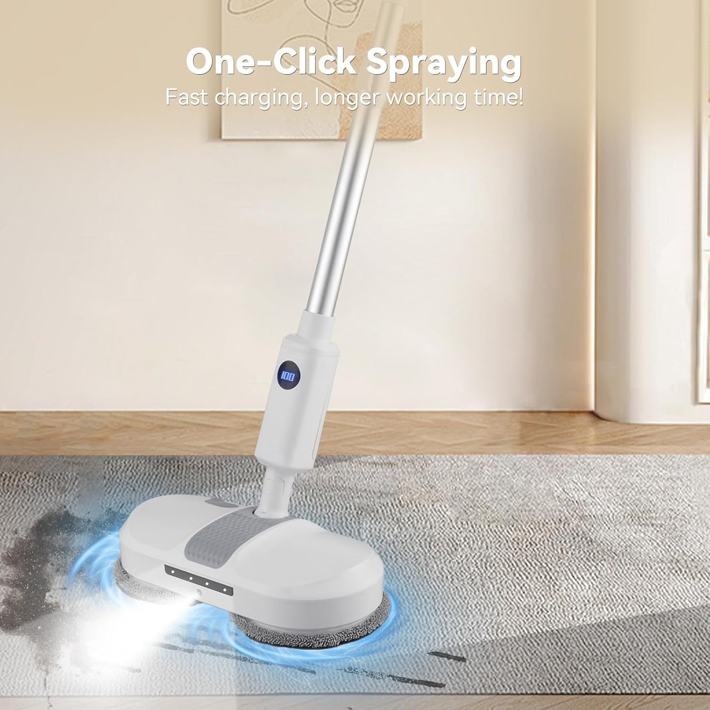 Cordless Electric Mop, Dual Motor Powerful Spin, Cordless Mop with LED Headlight/Water Sprayer, 250ML Large Water Tank Spin, Quiet Cleaning & Waxing-Suitable for Multi-layer Floors