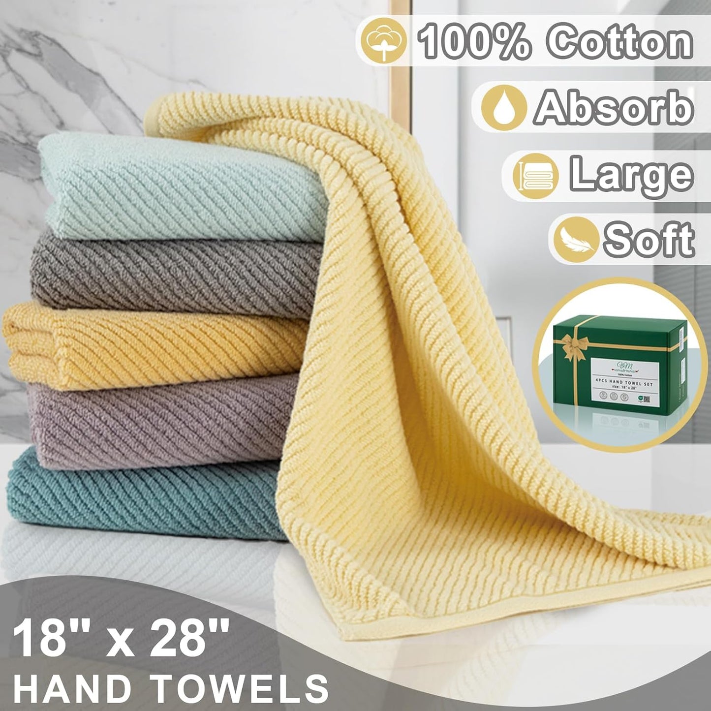 VOOVA & MOVAS Yellow Hand Towels for Bathroom, 4 Pack Large 18" x 28" - 100% Cotton | Lightweight | Thick | Quick Dry | Soft | Absorbent, Bath Hand Towels for Showering, Bathroom Essentials
