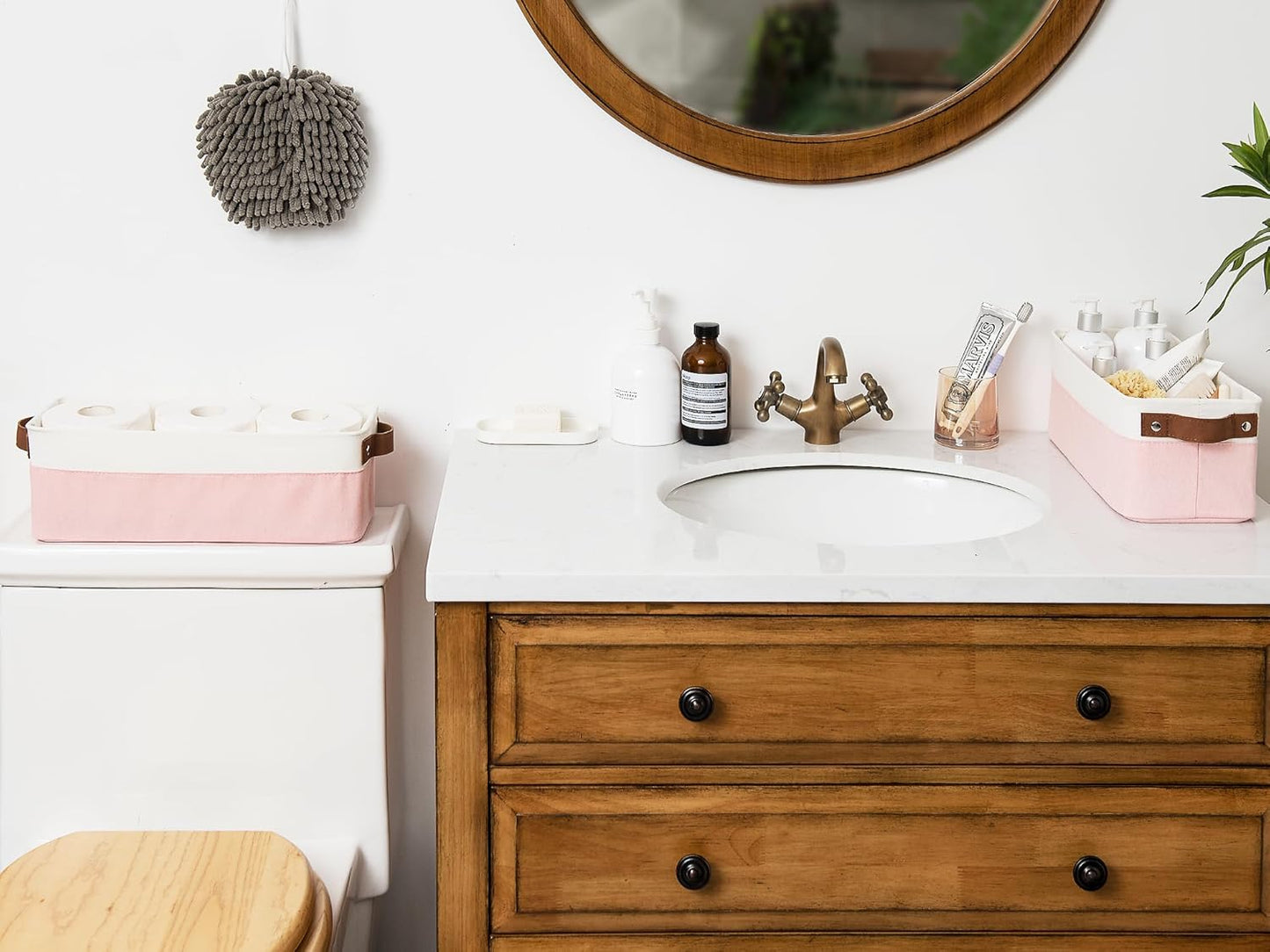 StorageWorks Narrow Storage Bins, Small Basket for Closet and Shelves, Fabric Organizer with Handles, Toilet Paper Storage, Pink and White, 2-Pack