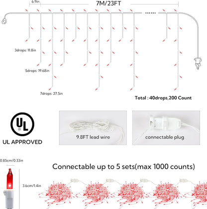 23FT 200Count Red Icicle Lights,White Wire Icicle Mini Lights Plug in with 40 Drops,Hanging Curtain Fairy String Light Connectable for Christmas Valentine's Day Halloween Party Decorations