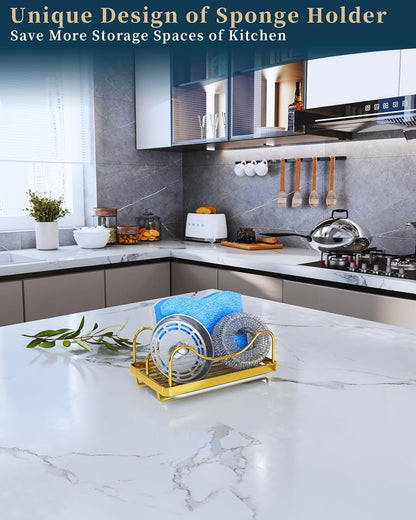 Consumest Sponge Holder for Kitchen Sink - Movable Sink Caddy for Countertop Organizer, 304 Stainless Steel Sponge Holder with Detachable Drip Tray for Kitchen Accessories, Gold