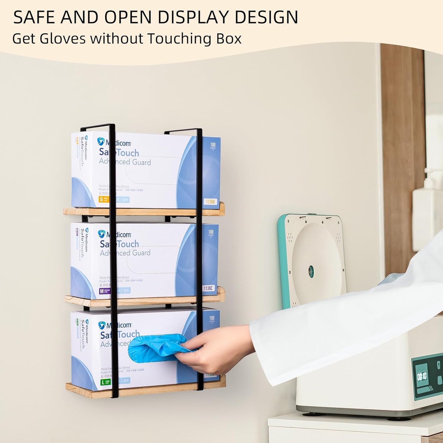 Glove Holder Dispenser for Wall Mount Wooden Metal Disposable Latex Glove Box Holder for Home Office, Lab and Garage, Tissue Wire Rack Wall-mounted for Kitchen Organizer Decor