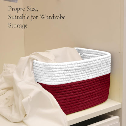 Hopegiver Woven Storage Baskets 11x8x7 Inch, 3 Pack Collapsible Cube Storage Bin for Shelves - Foldable Cotton Rope Organizer Bins for Towels, Toys, Books, Closet, Nursery (White Red)