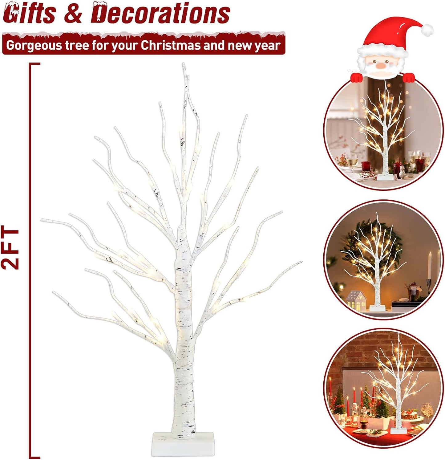 PEIDUO Artificial Tree for Easter Decorations, 2 FT Birch Tree with LED Lights, Warm White Fairy Lights Spirit Tree Lamp for Home Indoor Tabletop Christmas Decor Centerpiece, Battery Powered, Timer