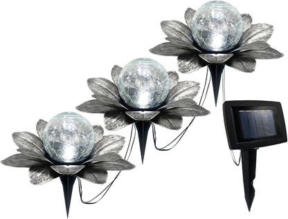 LEWIS&WAYNE Solar Garden Lights Outdoor, 3 Pcs Silver Gray Lotus Flower Pathway Lamps with Cool White Crackle Glass Globe Led Lights for Patio Pathway Yard Balcony Garden Decorations