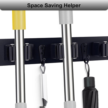 Broom Holder Wall Mount With 5 Slots & 4 Hooks，Rustic Wood Broom & Mop Hanger，Wall Mounted Garden & Garage Tool Storage Organizer Rack for Closet Laundry Room or Kitchen Wall Decor Black