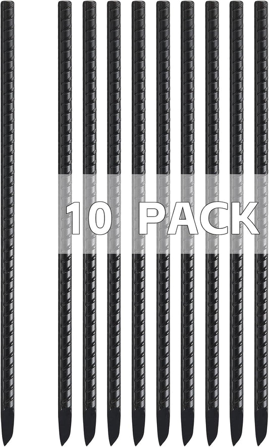 Rebar Stakes 16 Inch, 10 Pack Ground Stakes Heavy Duty with Chisel Point, Straight Metal Stakes for Concrete Form, Landscaping, Camping Tent or Timber, Black