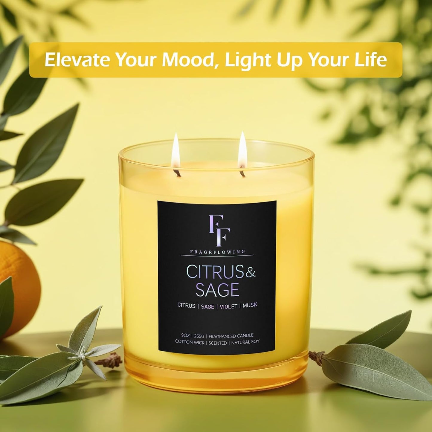 Citrus & Sage Scented Candle, 2-Wick Luxury Soy Wax Candle, 9 oz Aromatherapy Candle Home Fragrance Candles Gift