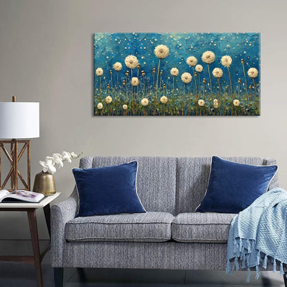LASMOND Teal Dandelion Wall Art for Living Room Abstract Blowball Canvas Painting Prints Large Flower Floral Grassland Bedroom Decoration Modern Artwork Decor (46x23 Inches)