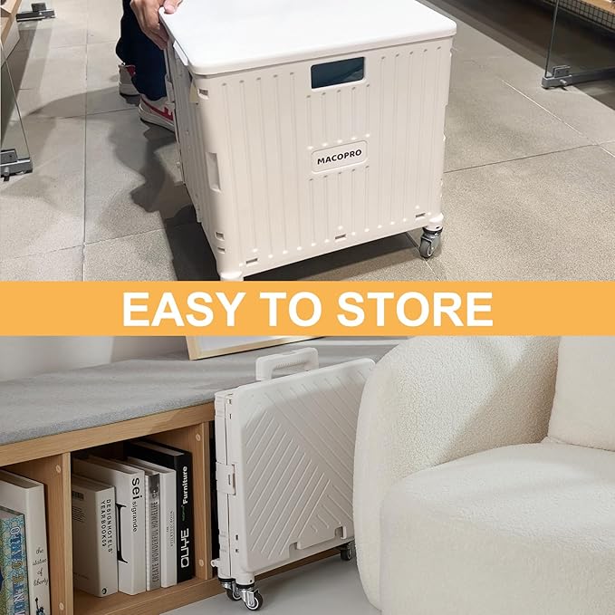 Foldable Utility Cart Folding Portable Rolling Crate Handcart with Durable Heavy Duty Plastic Telescoping Handle Collapsible 4 Rotate Wheels for Travel,Shopping, Luggage, Office, Teacher(White)