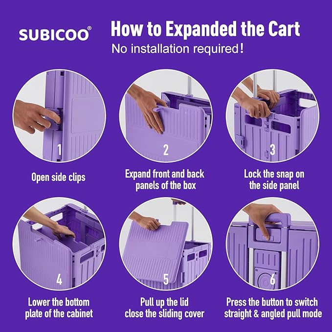 Folding Utility Cart Portable Rolling Crate Handcart Shopping Trolley Collapsible Tool Box, with Lid, Basket on 4 Rotate Wheels, for Grocery, Shopping, Office, Storage, Teacher (Purple)