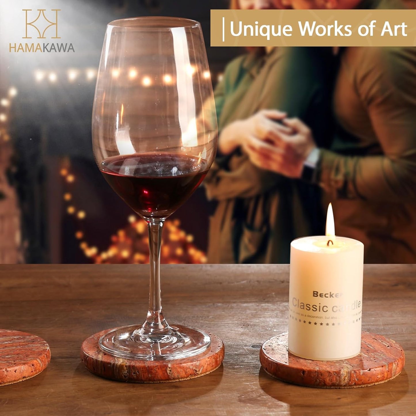 Real Natural Marble Coasters Set of 4, Modern Red Stone 4 Inch, Round Travertine Drink Coasters for Home Decor, Coffee Table, Office