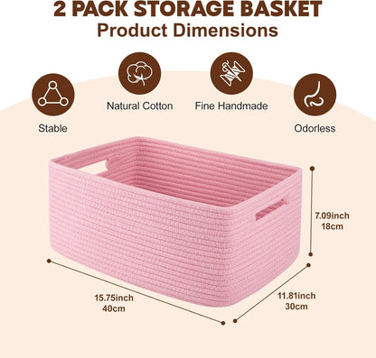 OIAHOMY Storage Basket for Shelves, Closet Cube Storage Bins Baskets for Clothes Blanket Towels, Baby Nursery, Toy Baskets Box, Woven Rope Basket, 15.75*11.81*7.09 IN, 2 Packs Pink