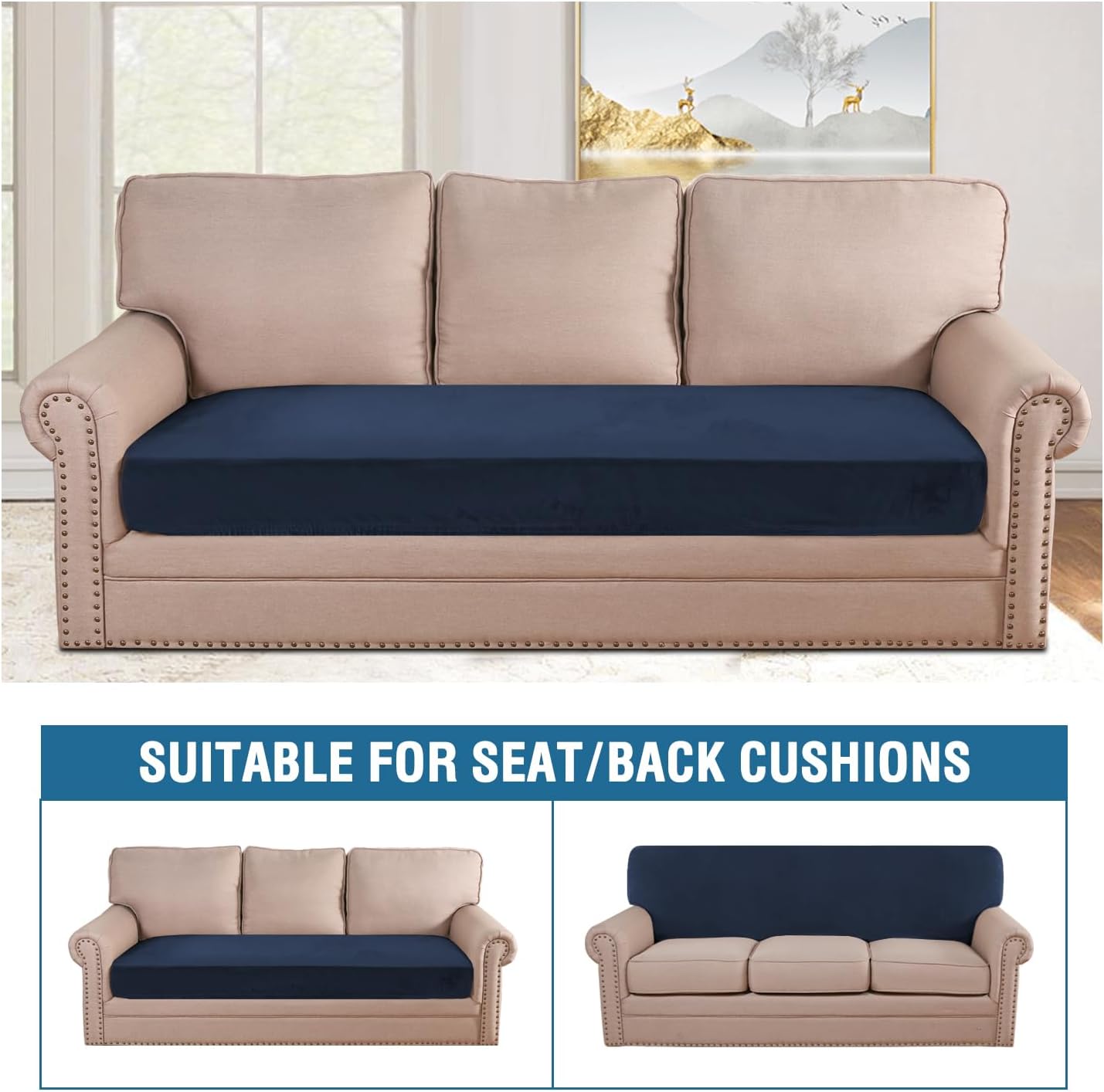 H.VERSAILTEX Velvet Stretch Individual Couch Cushion Cover Plush Cushion Slipcover for Loveseat Sofa Cushion Furniture Protector Seat Cushion Sofa Cover (1 Piece Sofa Cushion Cover, Navy)