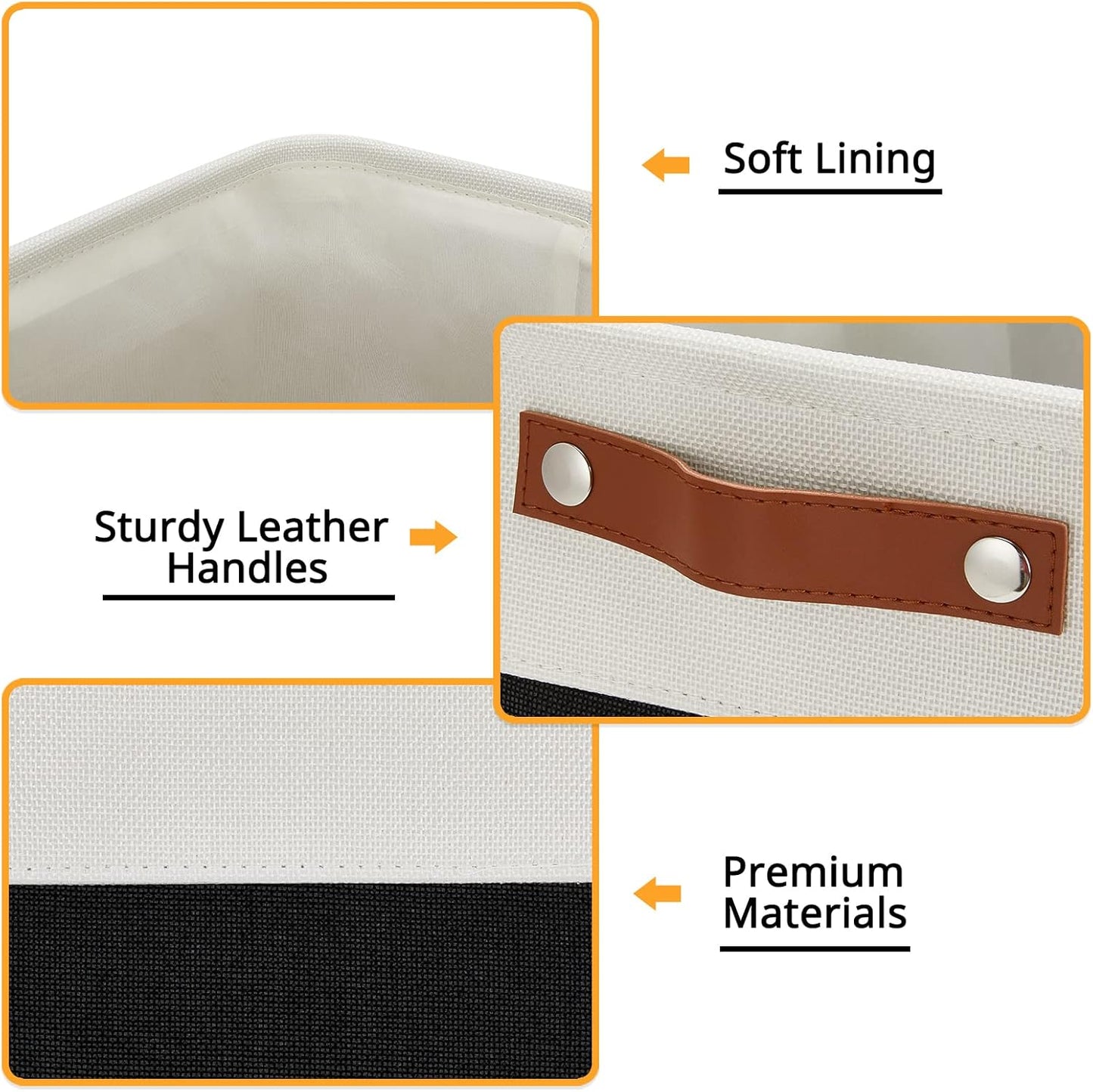 DULLEMELO Large Fabric Basket for Organizing, 17"x12"x15" Storage Basket With Leather Handles, Collapsible Storage Bin for Clothes, Toys, Books, Office, Bedroom, Closet, Nursery&Laundry (White&Black)