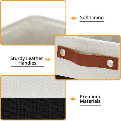 DULLEMELO Large Fabric Basket for Organizing, 17"x12"x15" Storage Basket With Leather Handles, Collapsible Storage Bin for Clothes, Toys, Books, Office, Bedroom, Closet, Nursery&Laundry (White&Black)